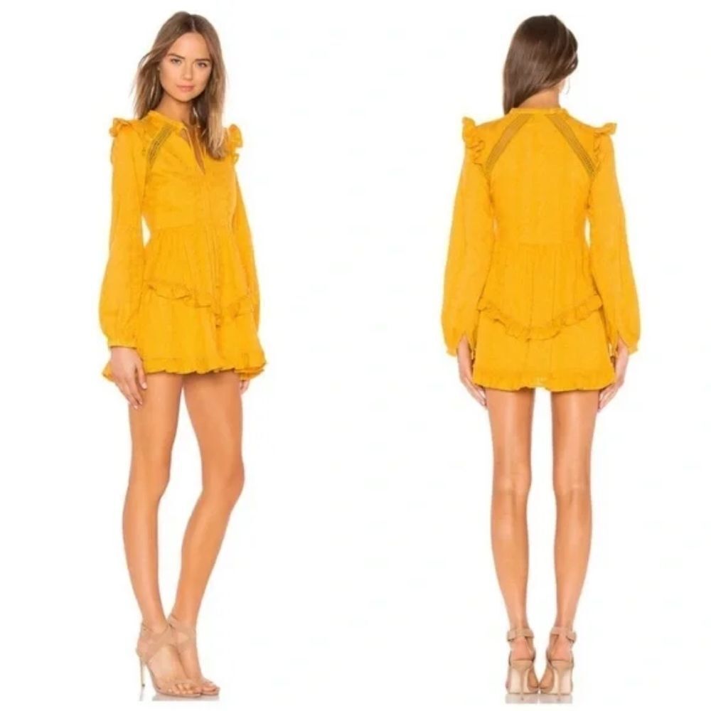 Tularosa Golden Yellow Lisa Blouson Embroidered Ruffle Mini Dress Size Large